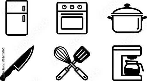 Black and white kitchen appliances and utensils icons set with refrigerator oven pot knife spatula whisk and coffee maker