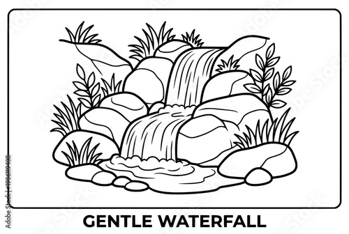 Gentle Waterfall Cascading Over Rocks in a Serene Landscape.