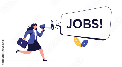 Professional woman runs forward while shouting into megaphone with word JOBS appearing in large speech bubble, representing recruitment goals.