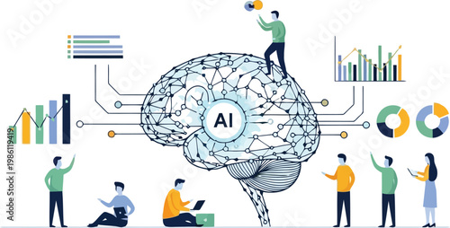 Artificial intelligence brain network with people and charts representing data analysis