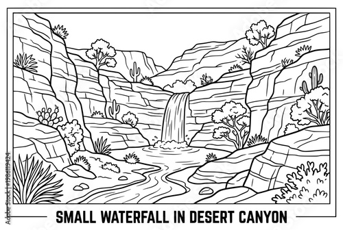 Small waterfall cascading down canyon walls into a tranquil desert stream.