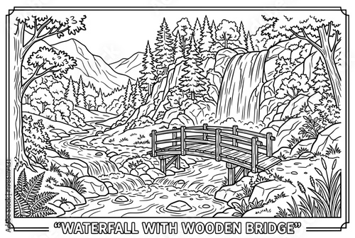 Black and White Illustration of a Waterfall and Wooden Bridge.