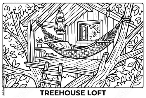 Detailed Black and White Illustration of a Cozy Treehouse Loft.