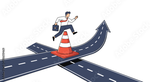 Energetic businessman jumps over orange traffic cone while running on road that curves upwards, symbolizing overcoming obstacles for success.