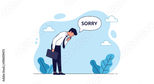Businessman bows his head in apology while word SORRY appears in speech bubble, representing corporate responsibility and customer service.