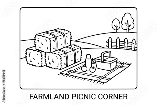 Black and White Illustration of Hay Bales and Picnic Basket.