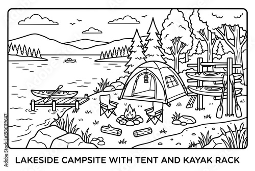 Camping lakeside with tent kayaks and campfire for outdoor adventure.