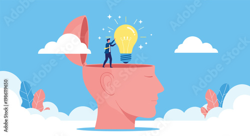 Small businessman pushes large glowing light bulb into top of open human head, symbolizing brainstorming and influx of creative new ideas.