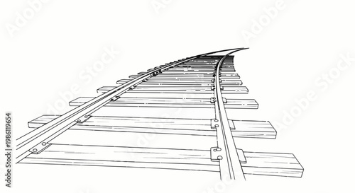 A black and white sketch of curving train tracks stretching into the distance
