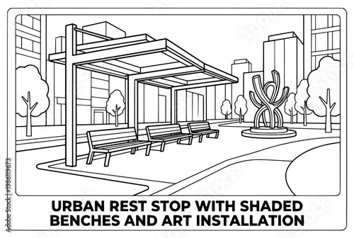 Modern Urban Bus Stop with Shaded Benches and Art Installation.