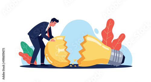 Businessman looks down in disappointment at large broken light bulb on ground, representing failed ideas and setbacks in innovation process.