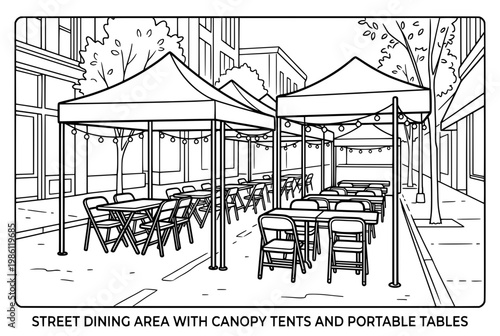 Outdoor Dining Area with Canopy Tents and Portable Tables in City.