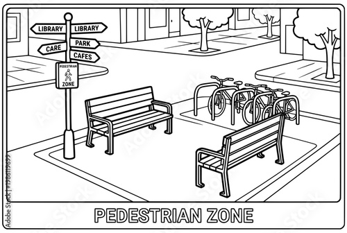 Black and White Illustration of Park Benches and Signpost in Pedestrian Zone.