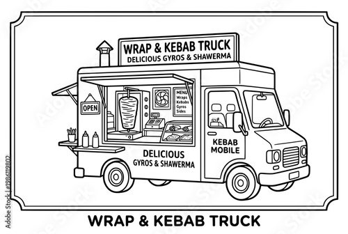 Detailed illustration of a wrap and kebab food truck ready to serve.