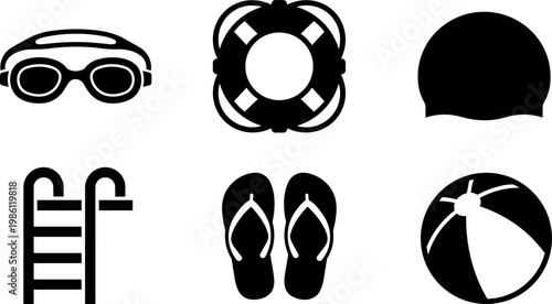 Black and white flat design swimming goggles cap pool ladder flip flops beach ball icons
