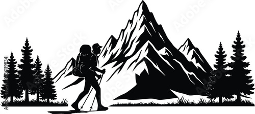 Hiker walking towards majestic mountain range with backpack and trekking poles