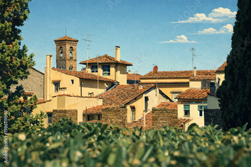 A picturesque view of Florence featuring warm‑toned buildings with red‑tiled roofs and a prominent stone bell tower rising above the historic townscape