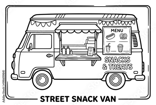 Black and White Illustration of a Street Snack Van Serving Treats.