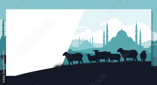 Flat style vector illustration banner of Islamic Eid Al Adha celebration featuring sheep silhouette with mosque landscape and crescent moon, symbolizing qurban and spiritual festive moment