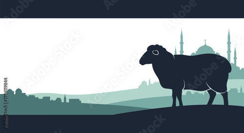 Flat style vector illustration banner of Islamic Eid Al Adha celebration featuring sheep silhouette with mosque landscape and crescent moon, symbolizing qurban and spiritual festive moment