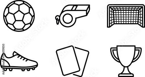 Black and white soccer ball whistle goal shoe cards trophy line art vector