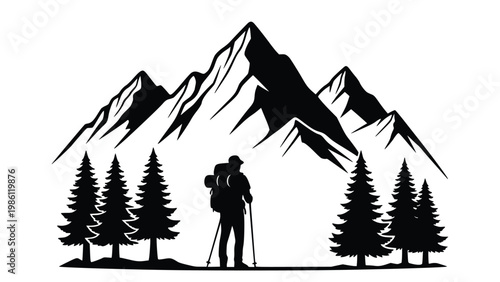 Hiker standing in front of a mountain range with trees