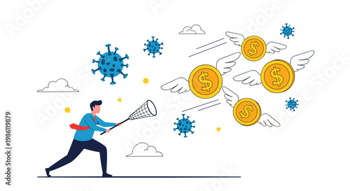 Businessman uses net to catch flying gold coins while surrounded by coronavirus cells in sky, symbolizing financial struggle during pandemic.