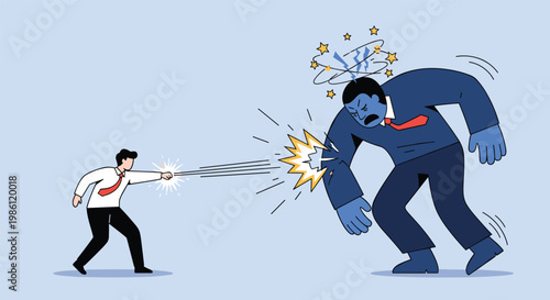 Determined small businessman delivers powerful punch to giant blue professional, symbolizing underdog victory and overcoming competition.