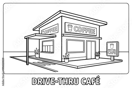 Black and White DriveThru Cafe Illustration with Coffee Signage.