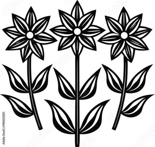 Trio of stylized black and white flowers with pointed petals and striped leaves, representing floral beauty and simplicity
