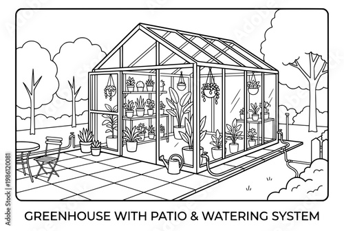 Greenhouse with plants indoor glasshouse gardening scene.