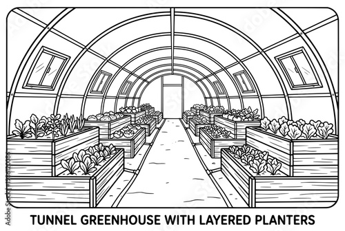 Tunnel greenhouse interior with layered planters and benches.