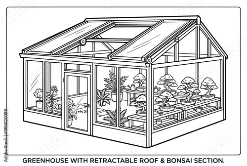 Detailed Illustration of a Greenhouse with Bonsai Trees and Retractable Roof.