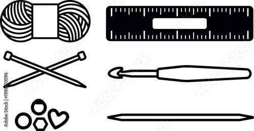 Black and white knitting yarn needles ruler and crochet hook icons