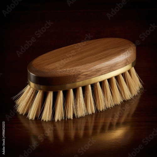 Close-up of wooden hand brush with natural bristles on polished dark surface, household cleaning tool.