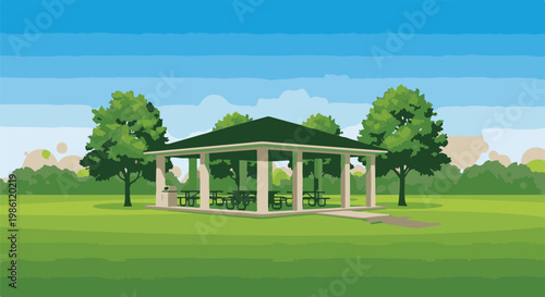 A pixelated park pavilion with picnic tables and surrounding trees under a blue sky