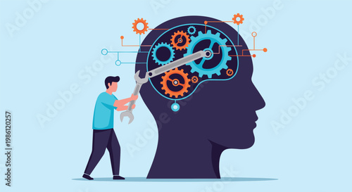 Technician uses large wrench to adjust colorful mechanical gears inside human head, symbolizing mental maintenance and cognitive growth.