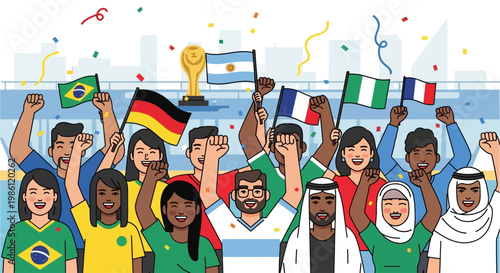 Joyful diverse crowd celebrating a major international sports event with flags, confetti, and a championship trophy in this vibrant vector illustration