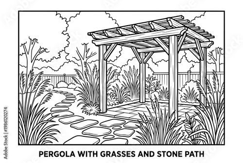 Pergola in a garden landscape line drawing.