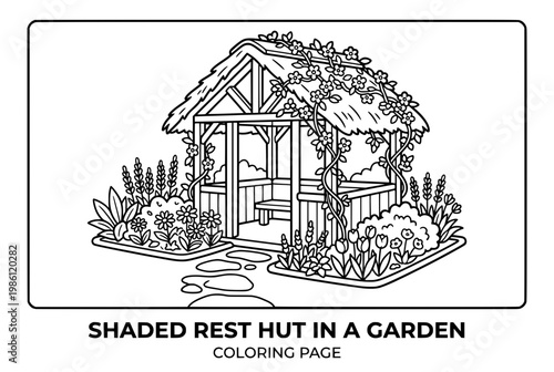 Charming Garden Gazebo with Thatched Roof and Lush Foliage.