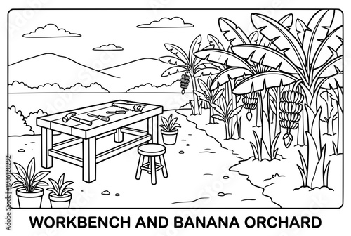 Detailed illustration of a workbench and a banana orchard scene.