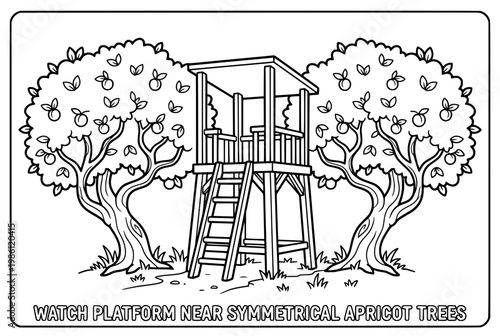 Elevated wooden treehouse platform between two trees.