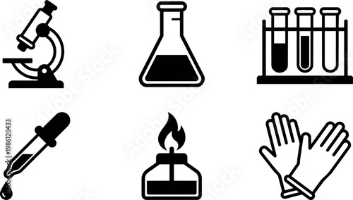 Black and white laboratory icons including microscope flask test tubes pipette burner and gloves