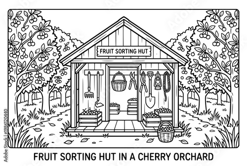 Fruit Sorting Hut in a Cherry Orchard Farmstead.