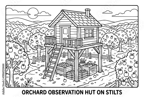 Charming Orchard Observation Hut on Stilts with Ladder and Apples.