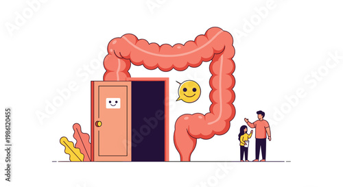 Happy human colon character with a door opening to a healthy digestive system being observed by a curious father and his young daughter.