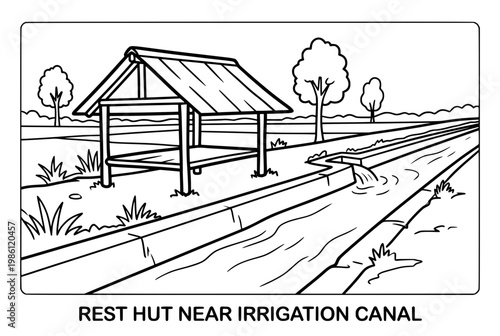 Simple wooden rest hut near irrigation canal providing shade and rest.