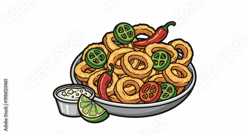 Crispy onion rings served with a side of spicy dipping sauce, lime, and chili peppers