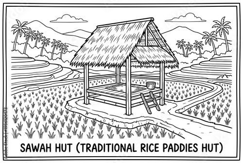Traditional Rice Paddies Hut In Field.