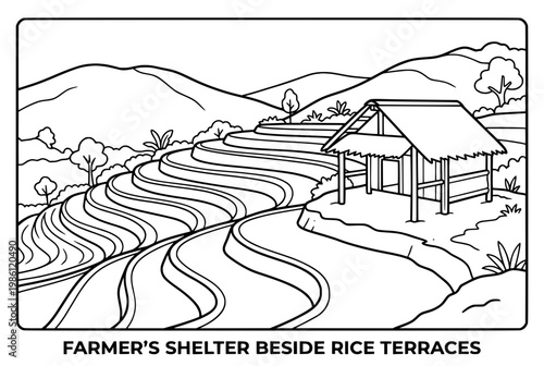 Farmer Shelter Beside Rice Terraces In Rural Scene.